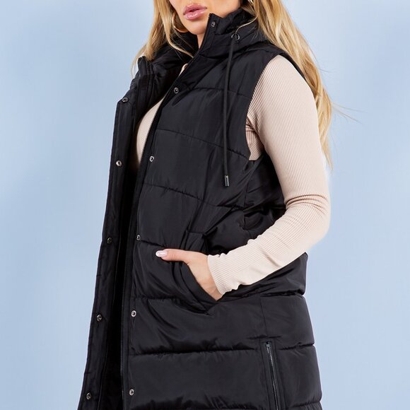 HIgh Collar Sleeveless Puffer Vest with Adjustable Drawstring Hood Fur Lined - Picture 3 of 8